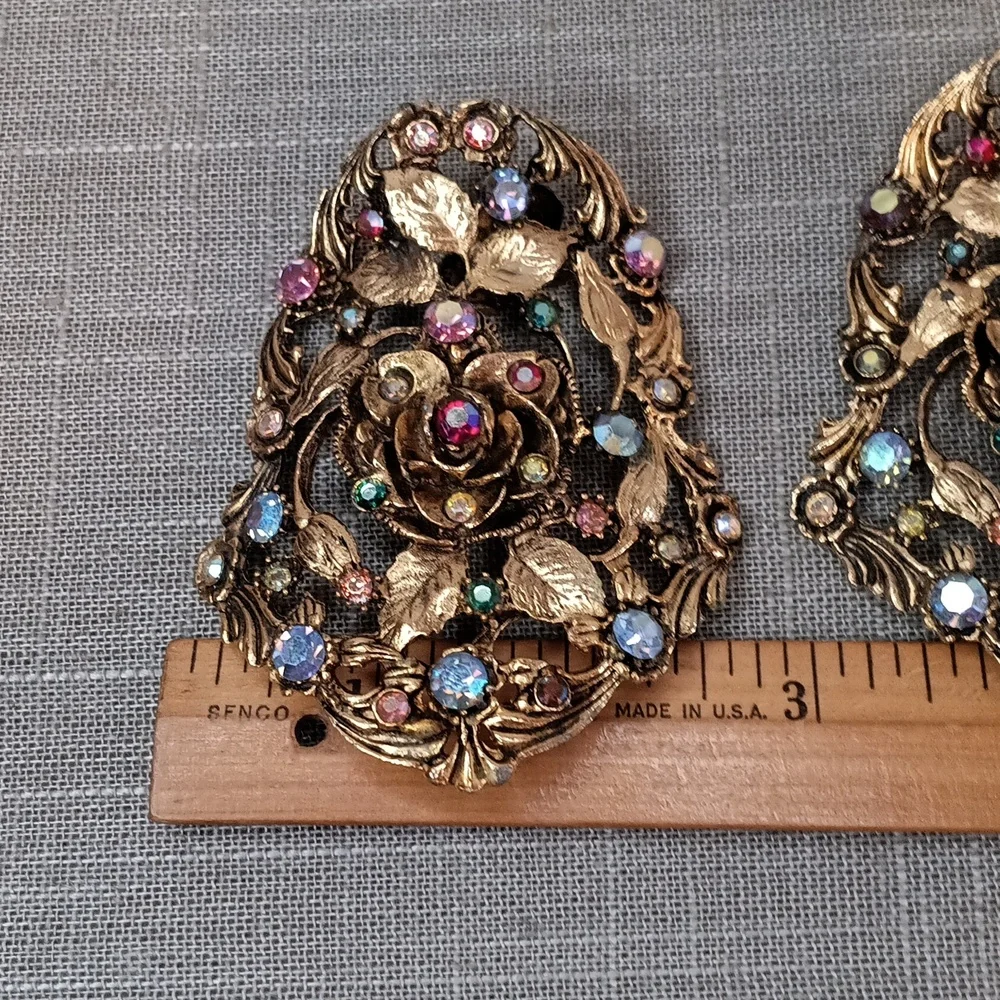 Vintage-Style Gold Floral Clip-On Earrings with Multi-Colored Rhinestones